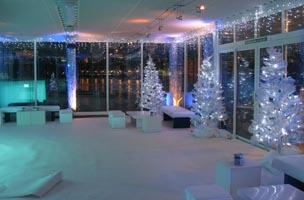The venue decorated for a Christmas party